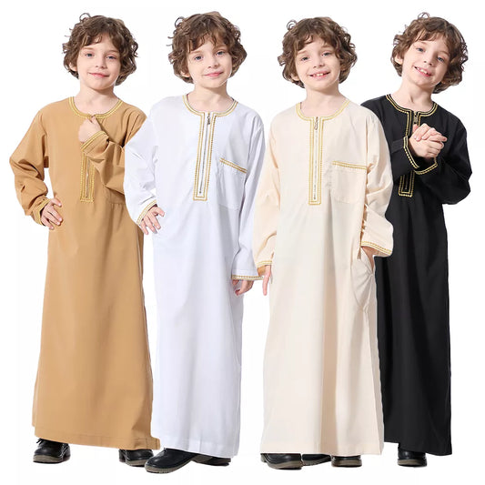 Muslim Saudi Arab Boys Robe  Dishdasha Kids Abaya Kaftan Prayer Islam Clothing Long Sleeve Thobe Middle East Teenage Dress Dubai