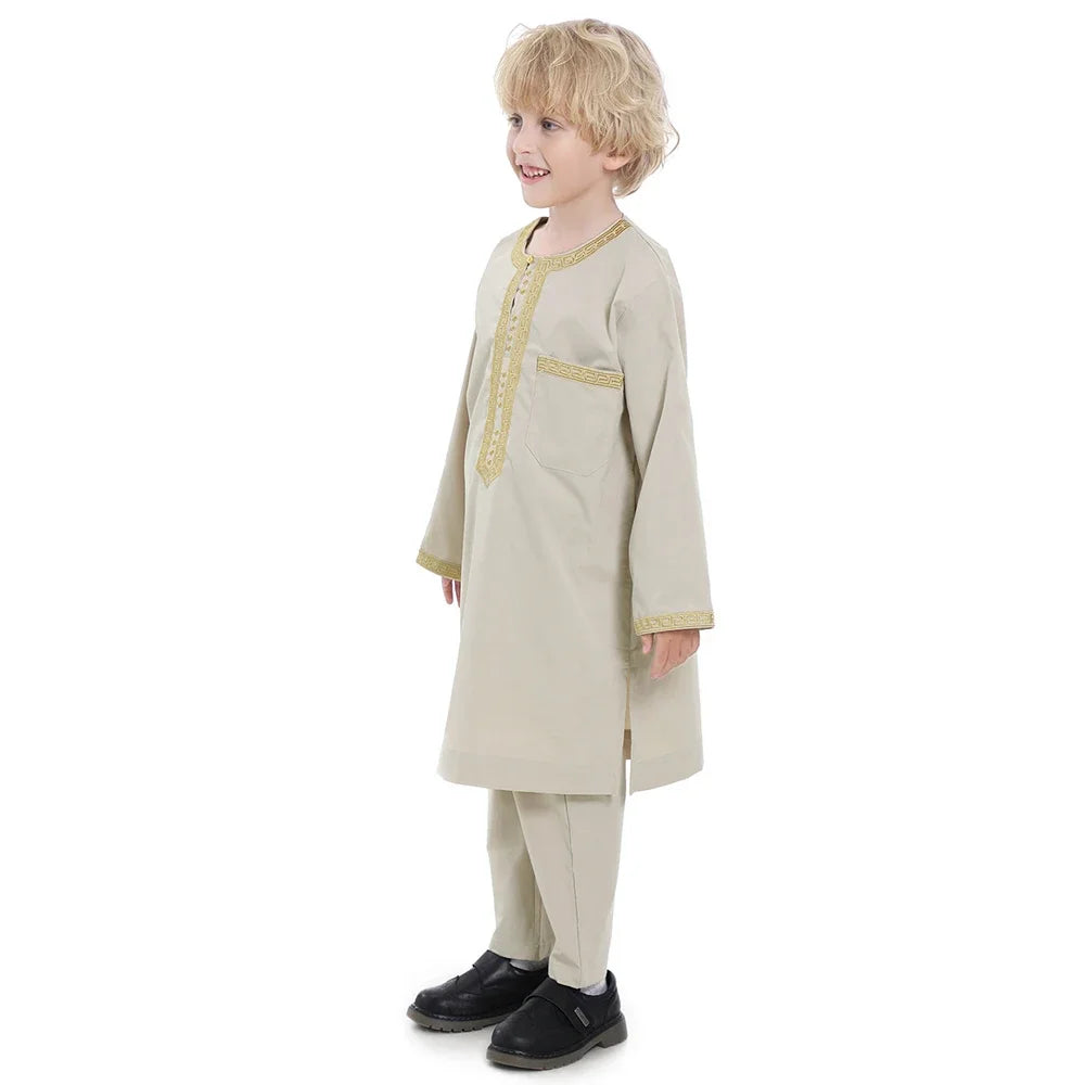 Boys Long Sleeve Kaftan/Abaya/Jubbah/Robe w/ Gold Trim (Black/Beige/Coffee/White)