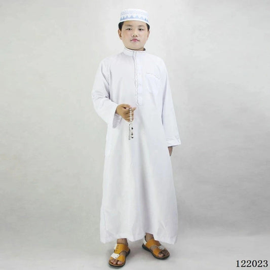 Boys White Long Sleeve Solid Kaftan/Abaya/Jubbah/Robe