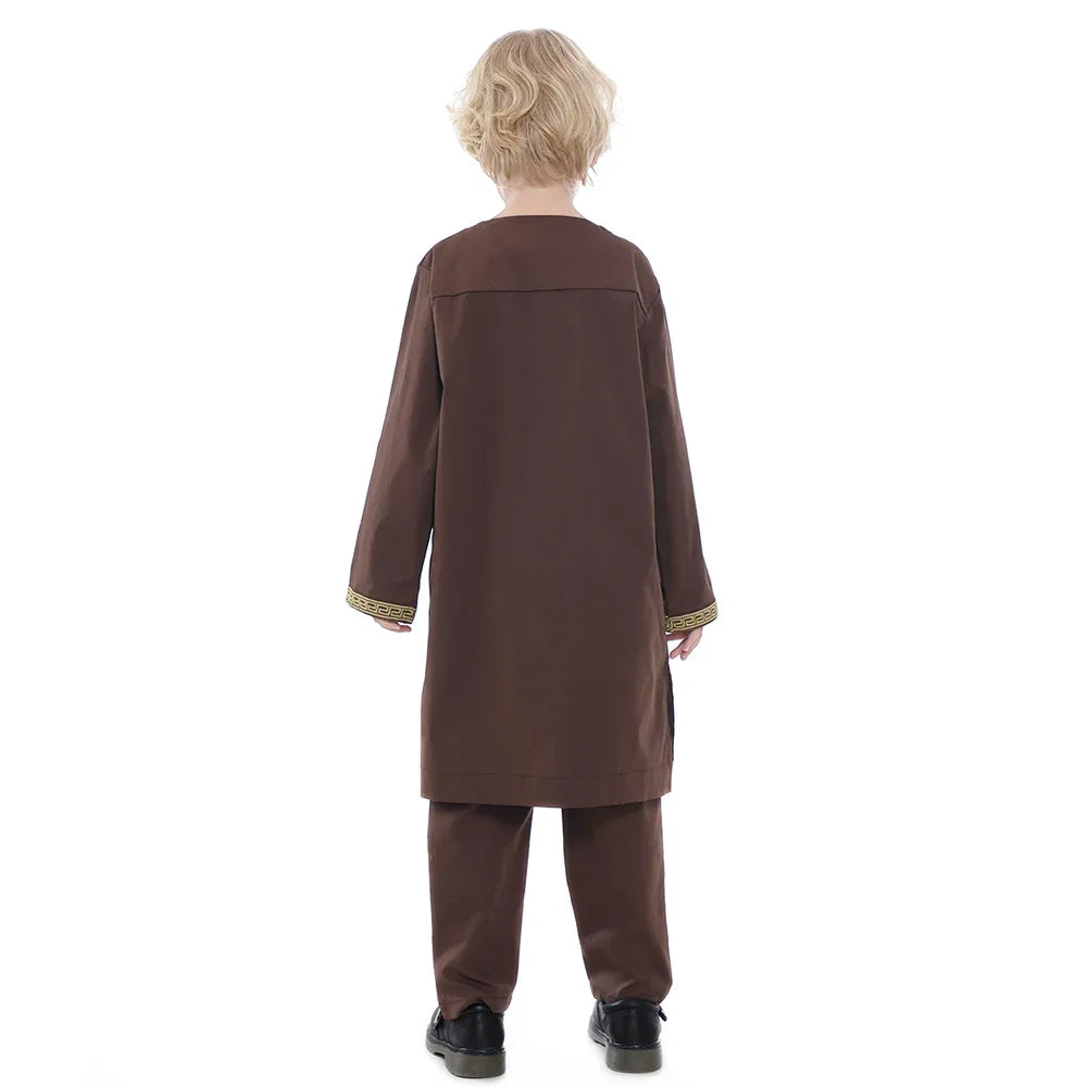 Boys Long Sleeve Kaftan/Abaya/Jubbah/Robe w/ Gold Trim (Black/Beige/Coffee/White)