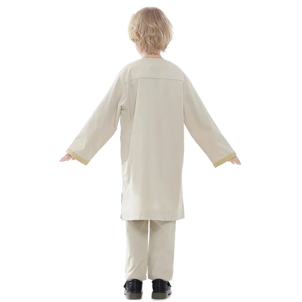 Boys Long Sleeve Kaftan/Abaya/Jubbah/Robe w/ Gold Trim (Black/Beige/Coffee/White)